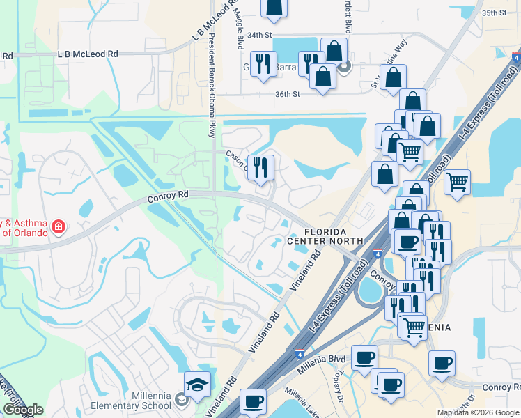 map of restaurants, bars, coffee shops, grocery stores, and more near in Orlando