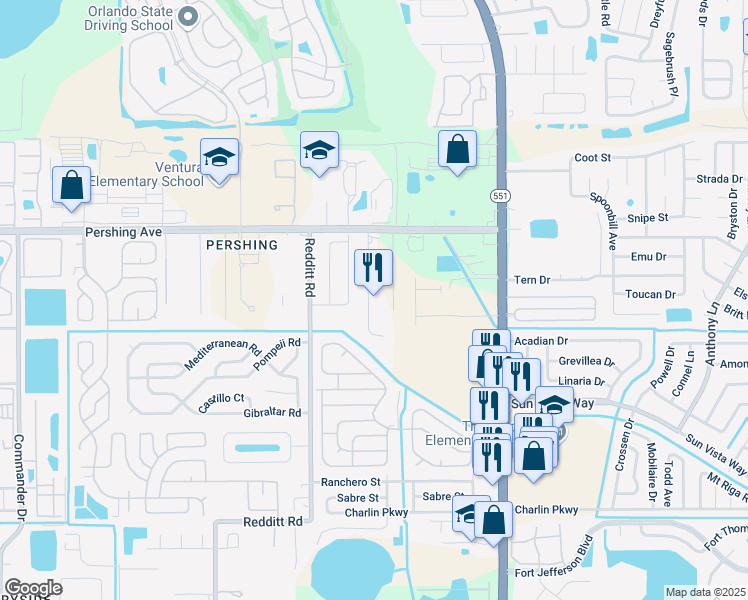 map of restaurants, bars, coffee shops, grocery stores, and more near 3507 Glen Village Court in Orlando