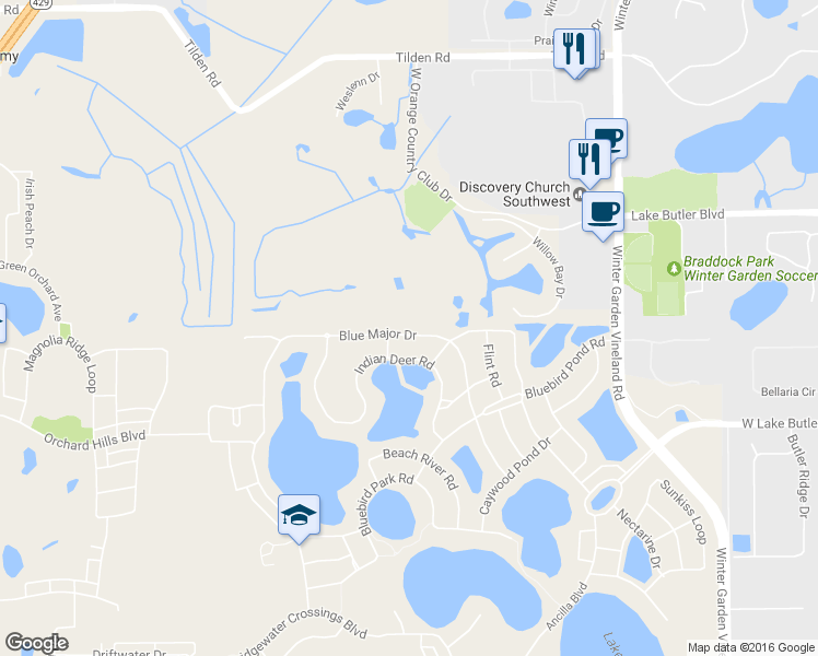 map of restaurants, bars, coffee shops, grocery stores, and more near 4719 Blue Major Drive in Windermere