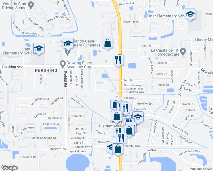 map of restaurants, bars, coffee shops, grocery stores, and more near 4339 Peace Lily Drive in Orlando