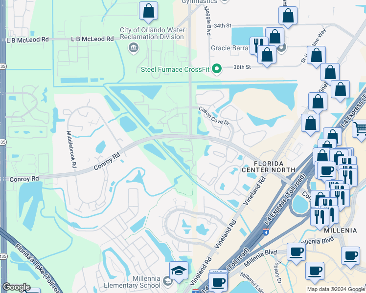 map of restaurants, bars, coffee shops, grocery stores, and more near in Orlando