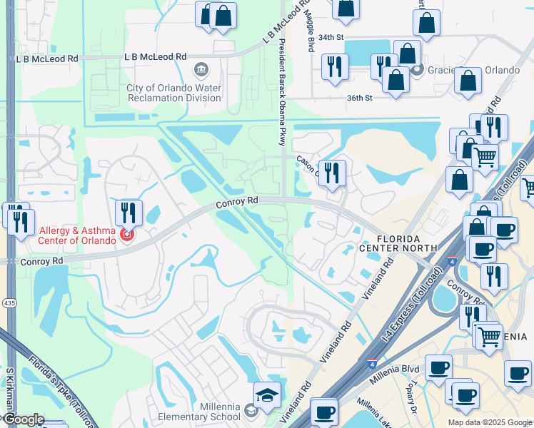 map of restaurants, bars, coffee shops, grocery stores, and more near 4550 Southgate Drive in Orlando