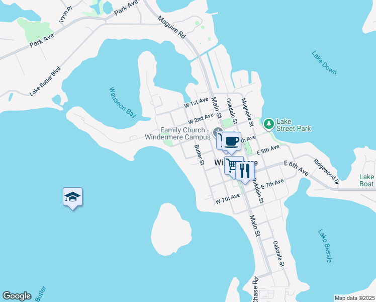 map of restaurants, bars, coffee shops, grocery stores, and more near 306 Butler Street in Windermere