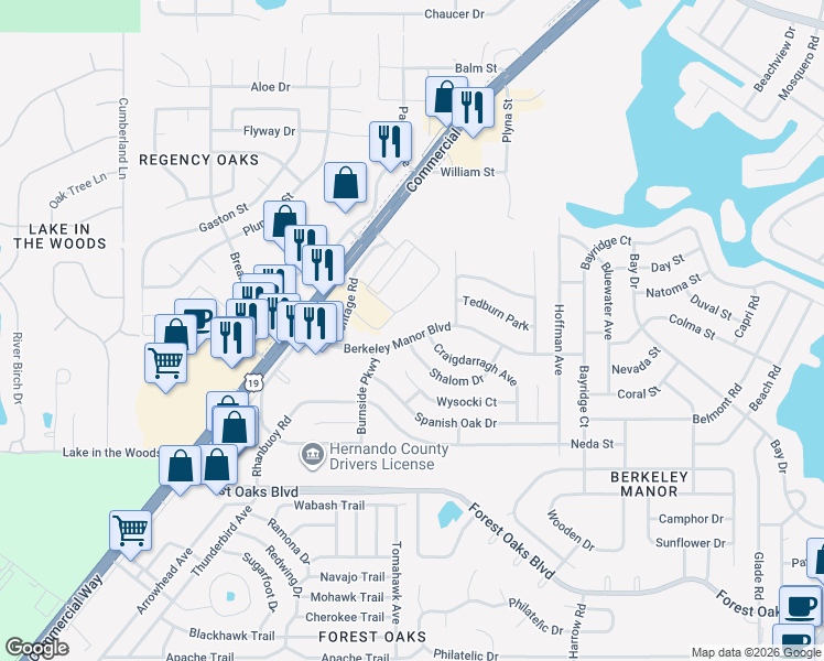 map of restaurants, bars, coffee shops, grocery stores, and more near 8213 Berkeley Manor Boulevard in Spring Hill