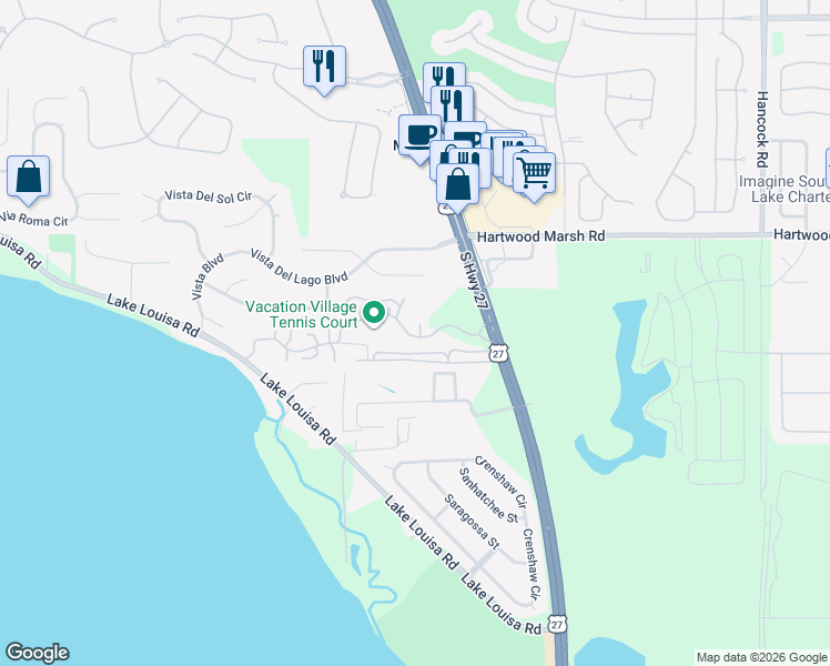 map of restaurants, bars, coffee shops, grocery stores, and more near 10301 U.S. 27 in Clermont