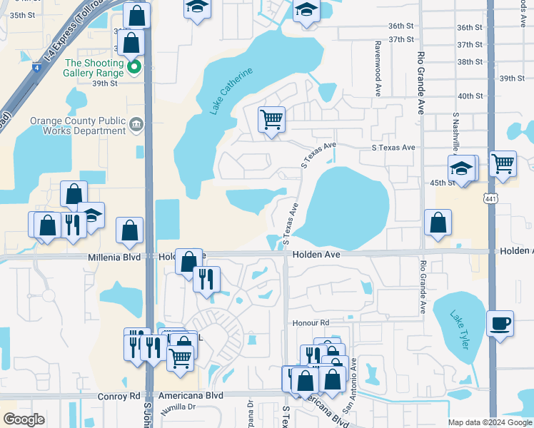 map of restaurants, bars, coffee shops, grocery stores, and more near 4562 Towerpine Road in Orlando