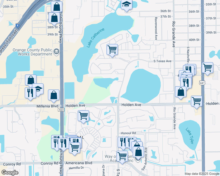 map of restaurants, bars, coffee shops, grocery stores, and more near 4562 Towerpine Road in Orlando