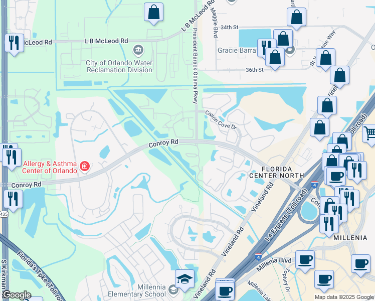 map of restaurants, bars, coffee shops, grocery stores, and more near 4817 Normandy Place in Orlando