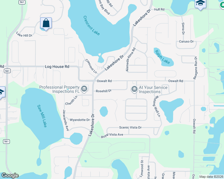 map of restaurants, bars, coffee shops, grocery stores, and more near 11123 Rosehill Drive in Clermont
