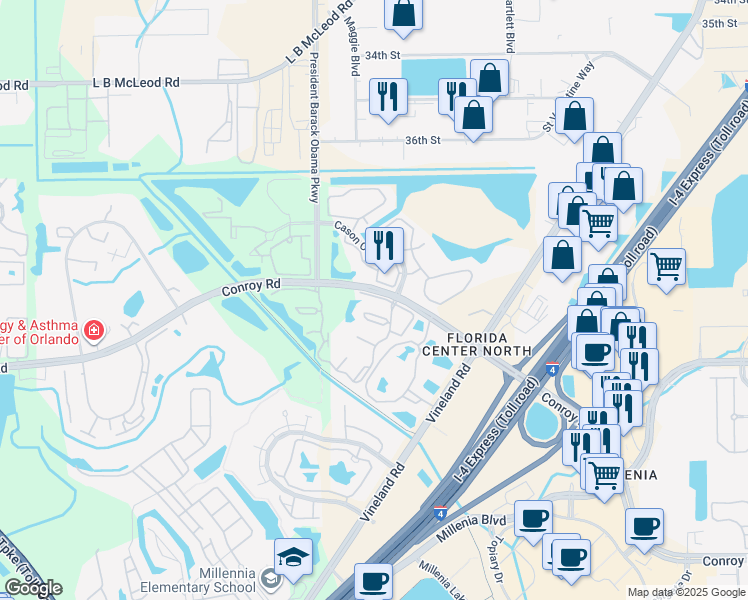 map of restaurants, bars, coffee shops, grocery stores, and more near in Orlando