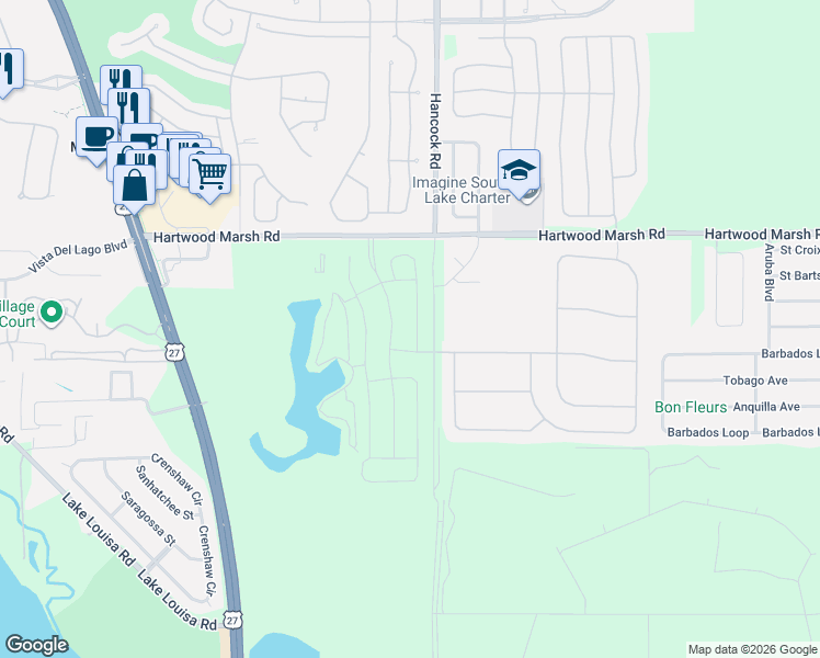 map of restaurants, bars, coffee shops, grocery stores, and more near 2696 Kingston Ridge Drive in Clermont