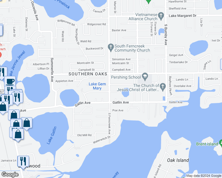 map of restaurants, bars, coffee shops, grocery stores, and more near 4425 South Ferncreek Avenue in Orlando