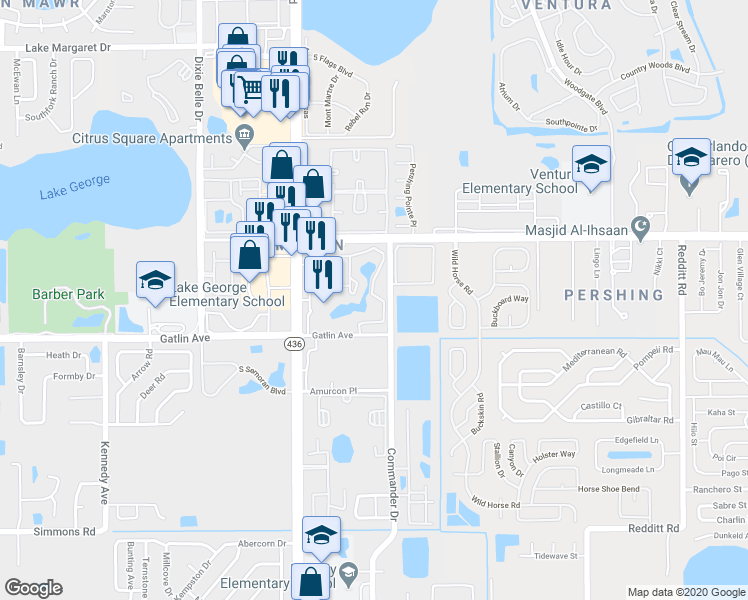 map of restaurants, bars, coffee shops, grocery stores, and more near 4512 Commander Drive in Orlando