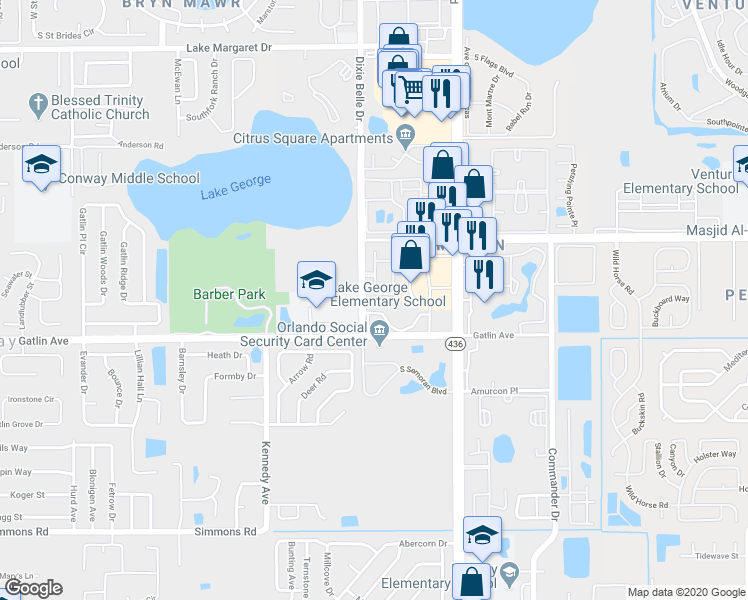 map of restaurants, bars, coffee shops, grocery stores, and more near 5529 Fairfax Street in Orlando