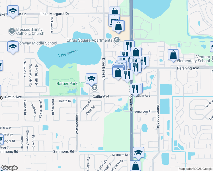 map of restaurants, bars, coffee shops, grocery stores, and more near 5529 Fairfax Street in Orlando