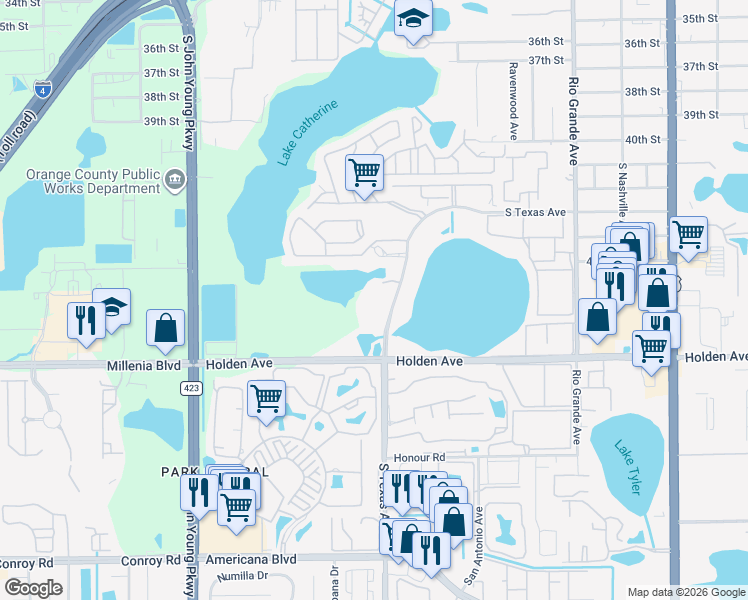 map of restaurants, bars, coffee shops, grocery stores, and more near 4574 Towerpine Road in Orlando