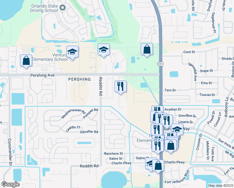 map of restaurants, bars, coffee shops, grocery stores, and more near 3507 Glen Village Court in Orlando