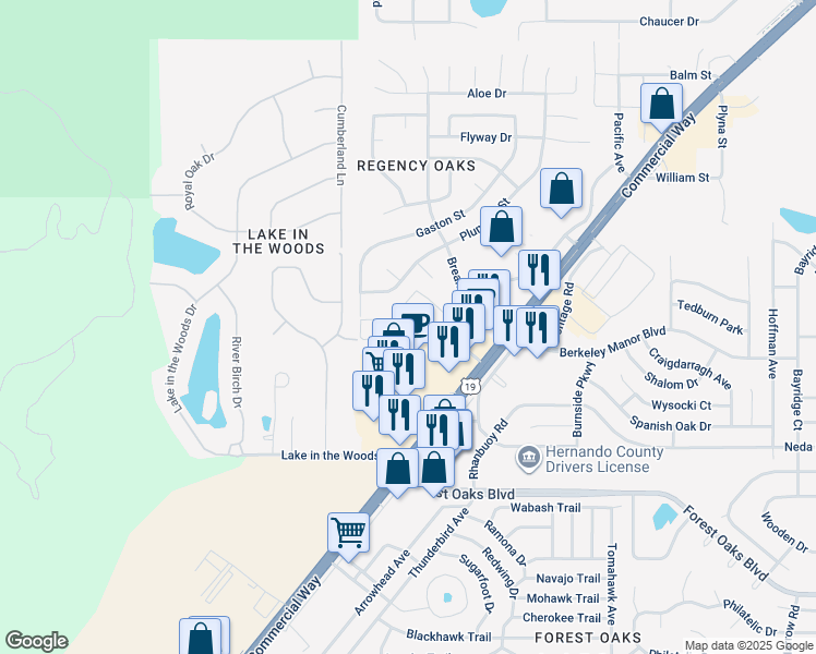 map of restaurants, bars, coffee shops, grocery stores, and more near 4402 Bridgewater Club Loop in Spring Hill