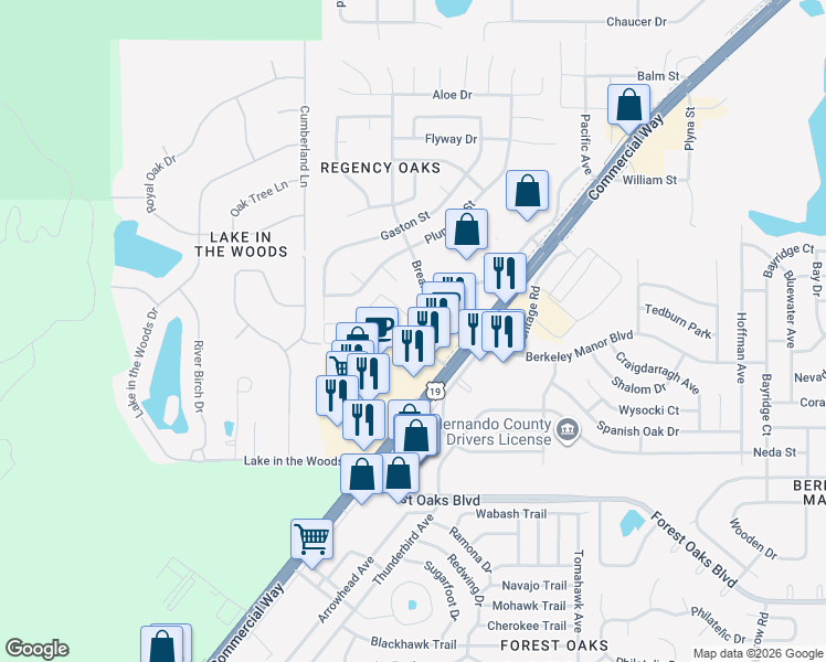 map of restaurants, bars, coffee shops, grocery stores, and more near 4762 Bridgewater Club Loop in Spring Hill