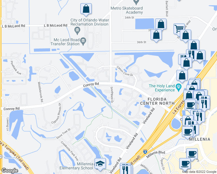 map of restaurants, bars, coffee shops, grocery stores, and more near in Orlando