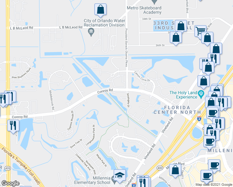 map of restaurants, bars, coffee shops, grocery stores, and more near 4550 Southgate Drive in Orlando