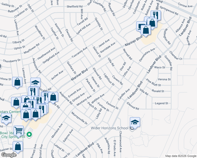 map of restaurants, bars, coffee shops, grocery stores, and more near 4607 Elwood Road in Spring Hill