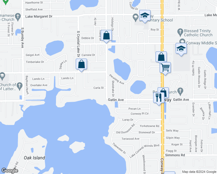 map of restaurants, bars, coffee shops, grocery stores, and more near 4515 Conway Gardens Road in Orlando