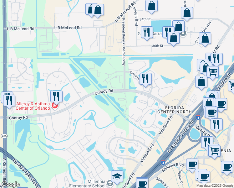 map of restaurants, bars, coffee shops, grocery stores, and more near 4550 Southgate Drive in Orlando