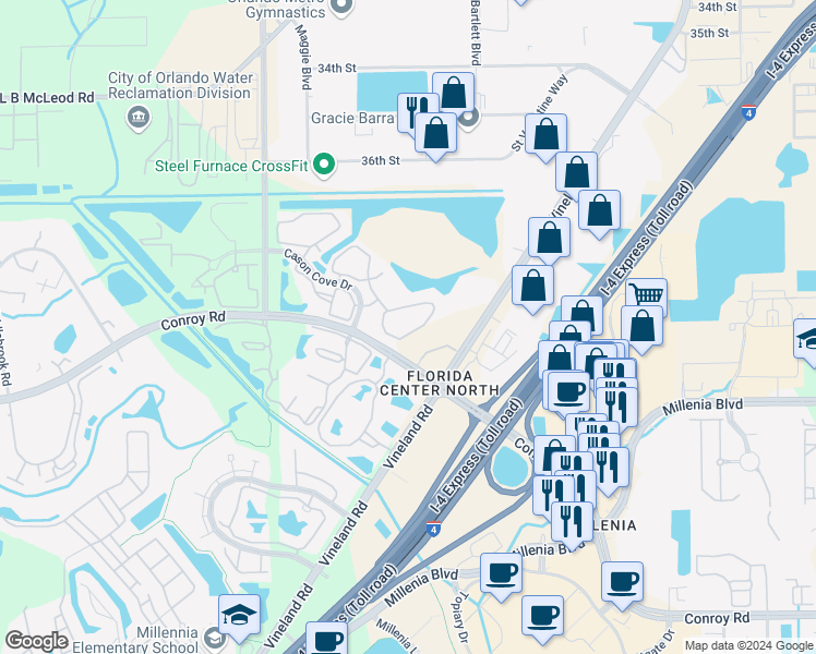 map of restaurants, bars, coffee shops, grocery stores, and more near 4613 Cason Cove Drive in Orlando