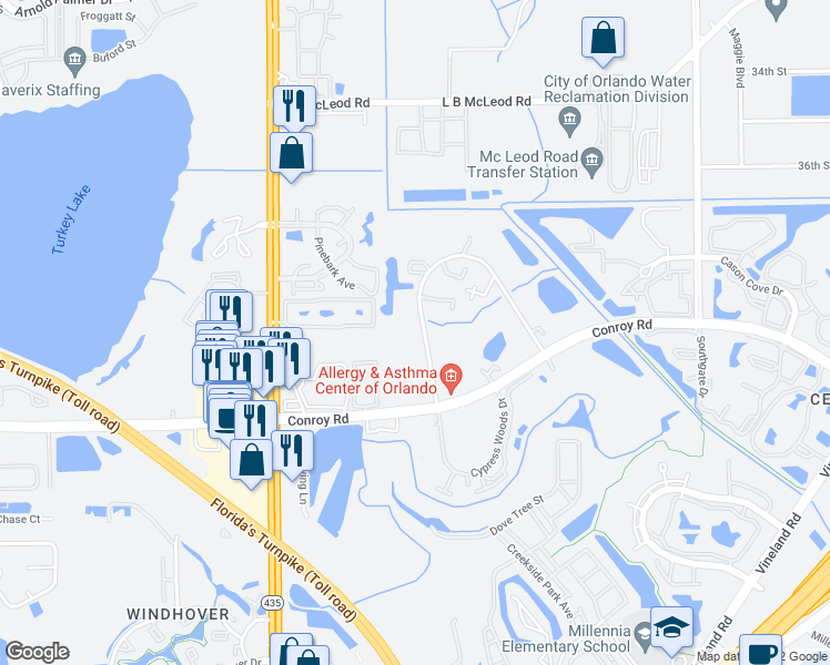 map of restaurants, bars, coffee shops, grocery stores, and more near 4576 Middlebrook Road in Orlando