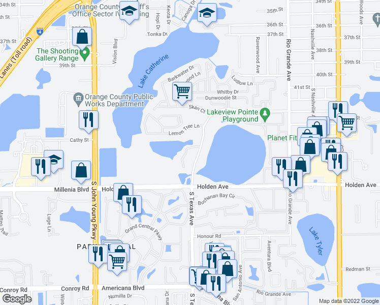 map of restaurants, bars, coffee shops, grocery stores, and more near 4523 Tower Pine Rd in Orlando