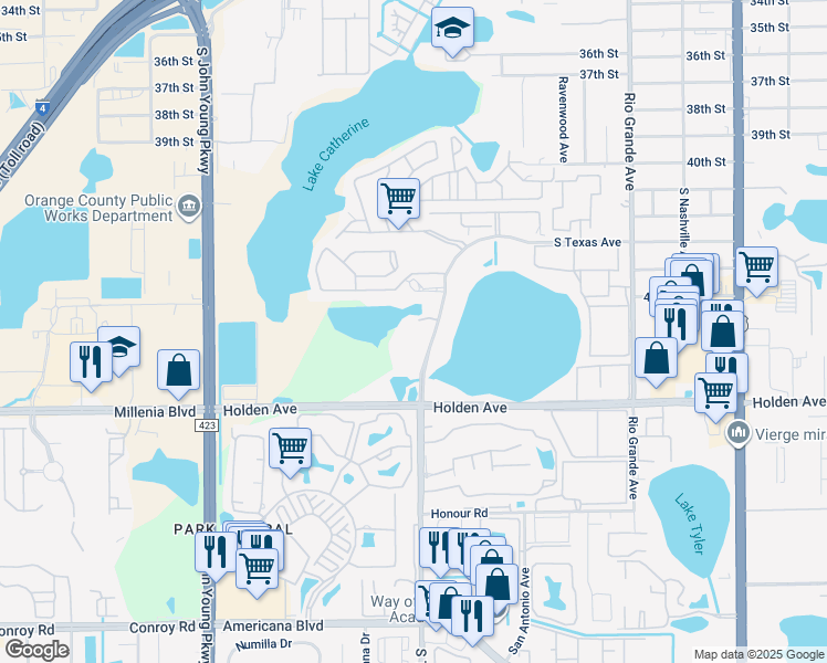 map of restaurants, bars, coffee shops, grocery stores, and more near 4574 Towerpine Road in Orlando