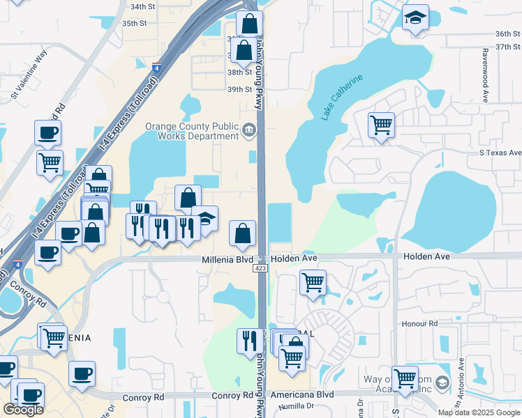 map of restaurants, bars, coffee shops, grocery stores, and more near 4351-4431 County Road 423 in Orlando