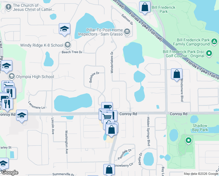 map of restaurants, bars, coffee shops, grocery stores, and more near 3853 Winding Lake Circle in Orlando