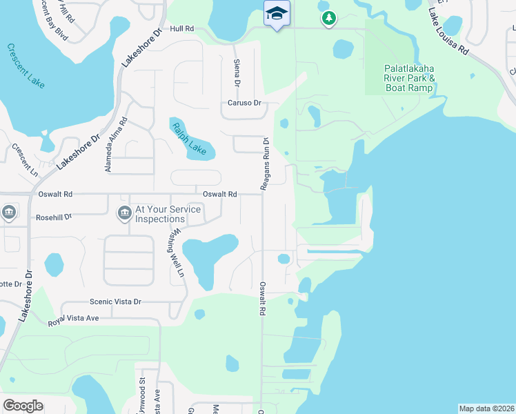 map of restaurants, bars, coffee shops, grocery stores, and more near 11734 Oswalt Road in Clermont