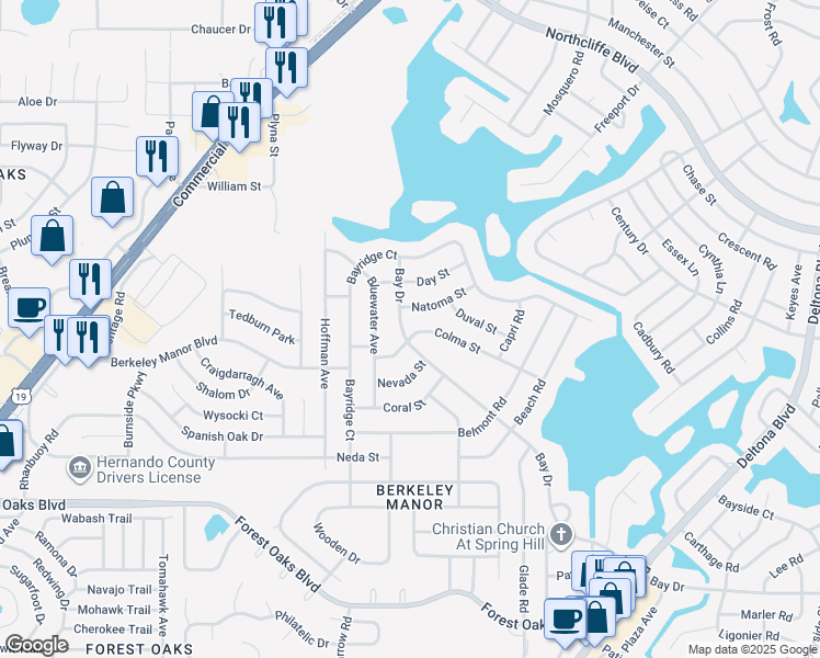 map of restaurants, bars, coffee shops, grocery stores, and more near 8421 Bay Drive in Spring Hill