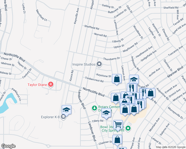 map of restaurants, bars, coffee shops, grocery stores, and more near 10395 Keystone Street in Spring Hill