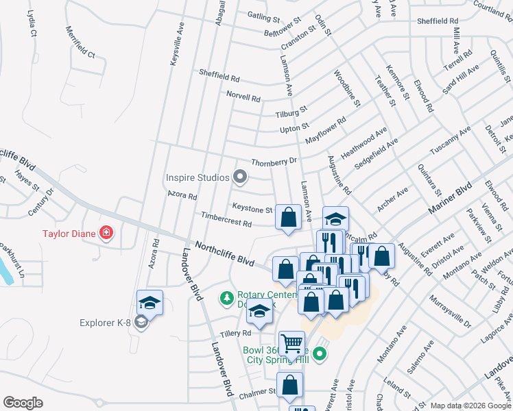 map of restaurants, bars, coffee shops, grocery stores, and more near 10443 Keystone Street in Spring Hill