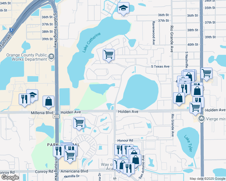 map of restaurants, bars, coffee shops, grocery stores, and more near 4574 Towerpine Road in Orlando