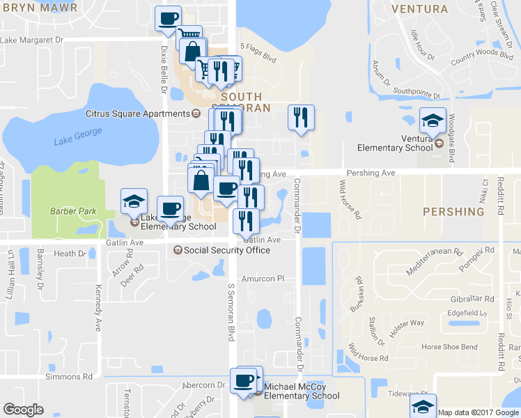map of restaurants, bars, coffee shops, grocery stores, and more near 4518 Commander Drive in Orlando