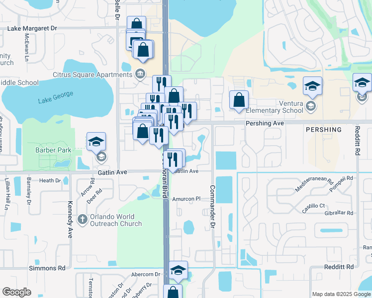 map of restaurants, bars, coffee shops, grocery stores, and more near 4601 South Semoran Boulevard in Orlando