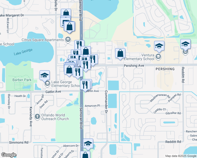 map of restaurants, bars, coffee shops, grocery stores, and more near 4512 Commander Drive in Orlando