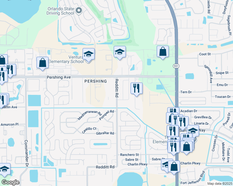 map of restaurants, bars, coffee shops, grocery stores, and more near 2830 Redditt Road in Orlando