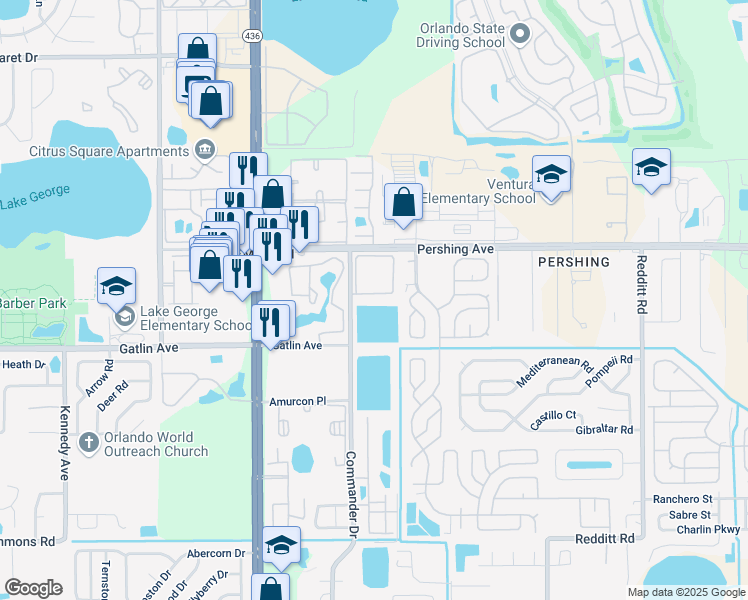 map of restaurants, bars, coffee shops, grocery stores, and more near 5927 Lake Pointe Village Circle in Orlando