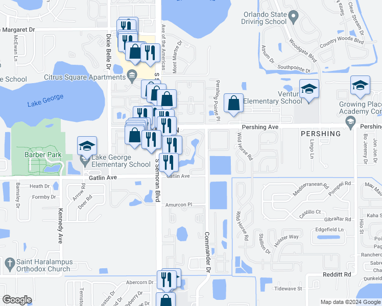 map of restaurants, bars, coffee shops, grocery stores, and more near 4512 Commander Drive in Orlando
