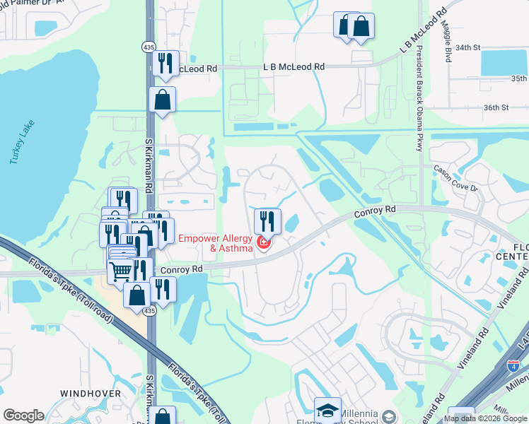 map of restaurants, bars, coffee shops, grocery stores, and more near 5333 Bamboo Court in Orlando