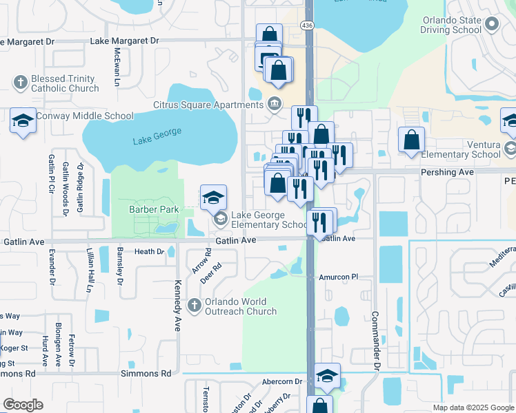 map of restaurants, bars, coffee shops, grocery stores, and more near 5529 Fairfax Street in Orlando