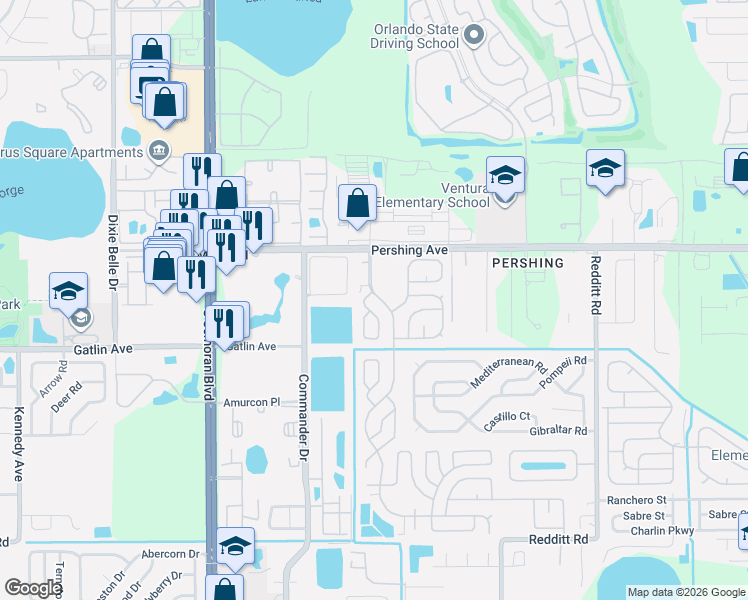 map of restaurants, bars, coffee shops, grocery stores, and more near 2802 Wild Horse Road in Orlando