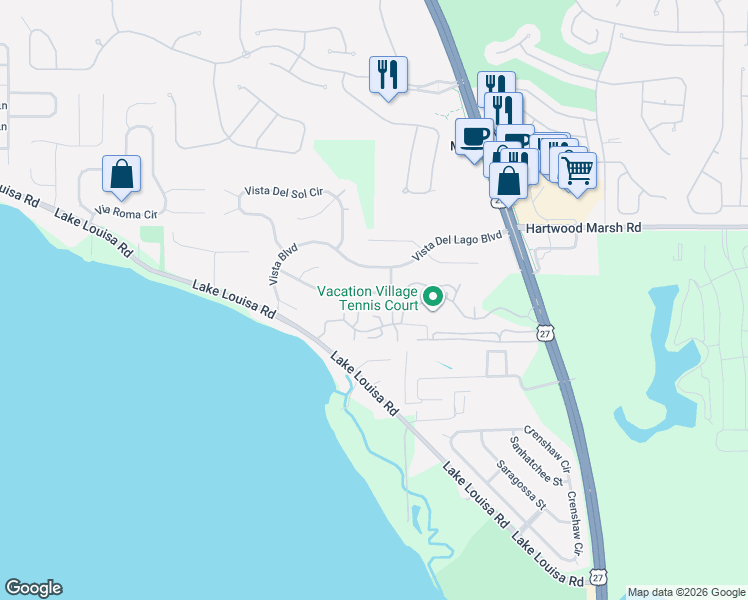 map of restaurants, bars, coffee shops, grocery stores, and more near 10432 Calle De Flores Drive in Clermont