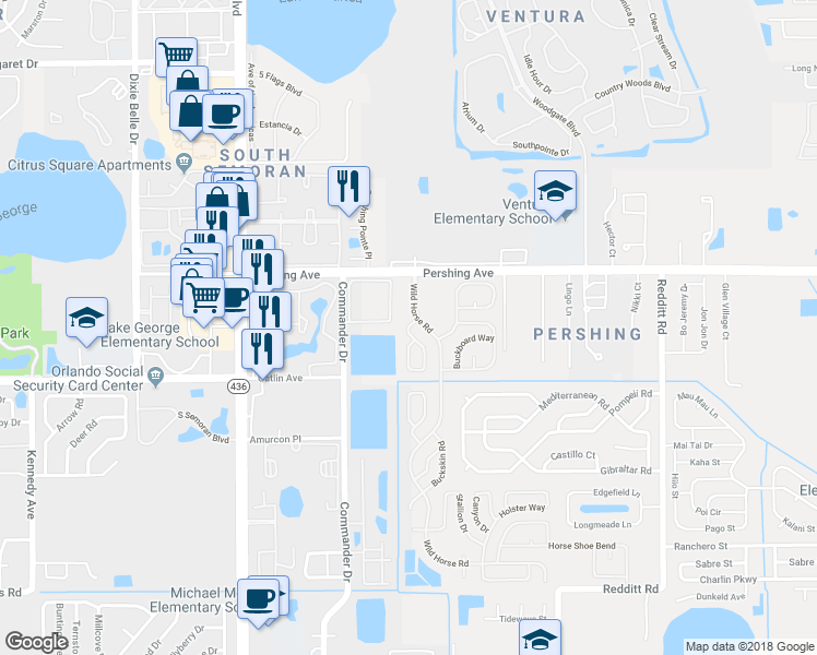 map of restaurants, bars, coffee shops, grocery stores, and more near 2798 Wagon Wheel Circle in Orlando